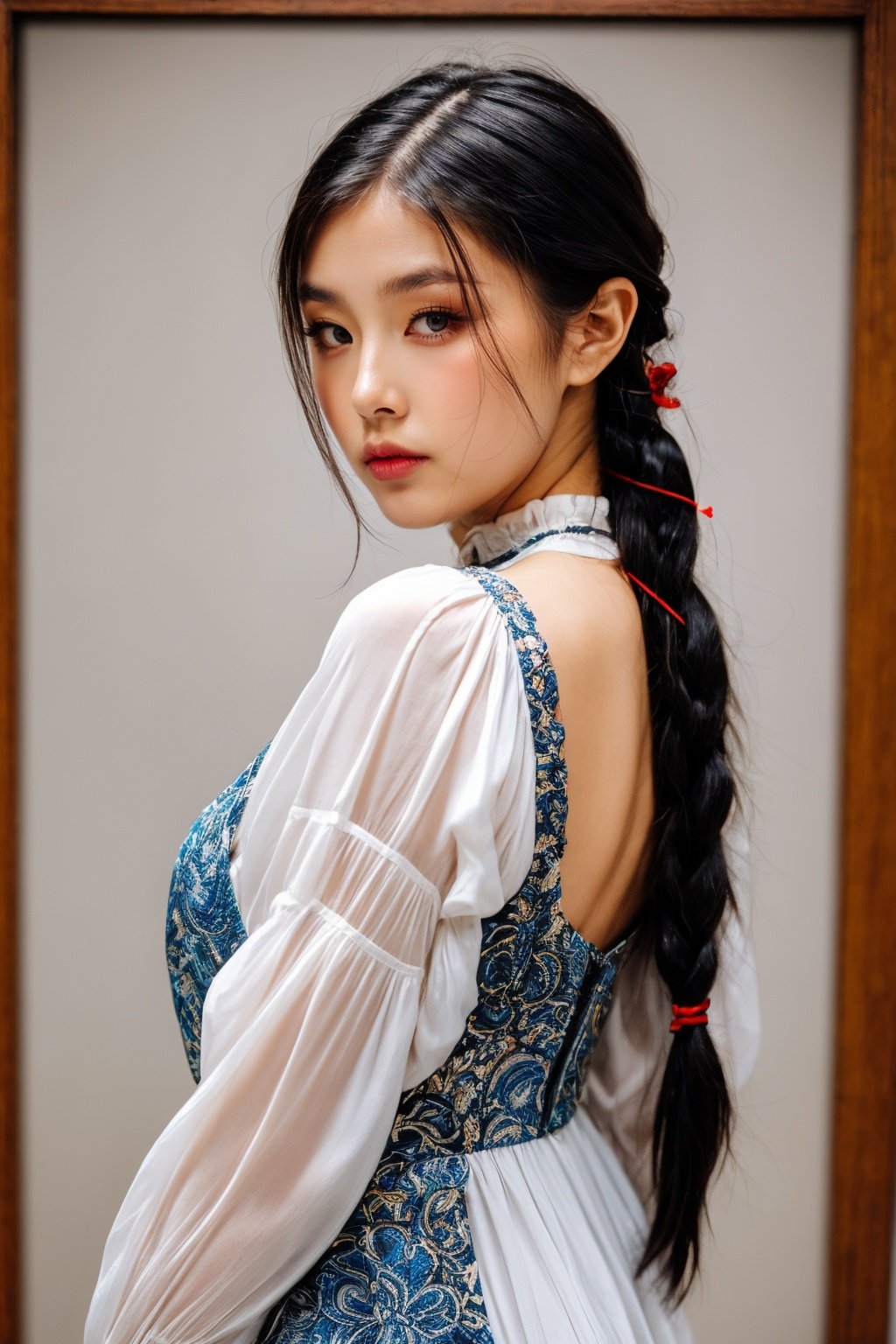 girl02, photographed on a Nikon Z7 II Mirrorless Camera,120mm F/4 wide-anglegirl02, 1girl, solo, long hair, looking at viewer, black hair, long sleeves, braida woman wearing a white dress and a black braid with a blue and red pattern on it's neck, Chen Lu, art nouveau fashion embroidered, a character portrait, aestheticismbest quality, masterpiece, ultra detailed, cowboy shot, flowing, 3dmm, ink sketch, color ink, ink rendering, octane render, pastels, rice paper, 1girl, beautiful detailed eyes, (alternate hairstyle), ultra detailed hair, graceful, (charming), (delicate), pretty, cute, lace dress, character in the center of the frame, rhythm, fantasy, looking at viewer,<lora:more_details:0.3> <lora:add_detail:0.3>  <lora:girl02_SDLife_Chiasedamme_v1.0:0.62>