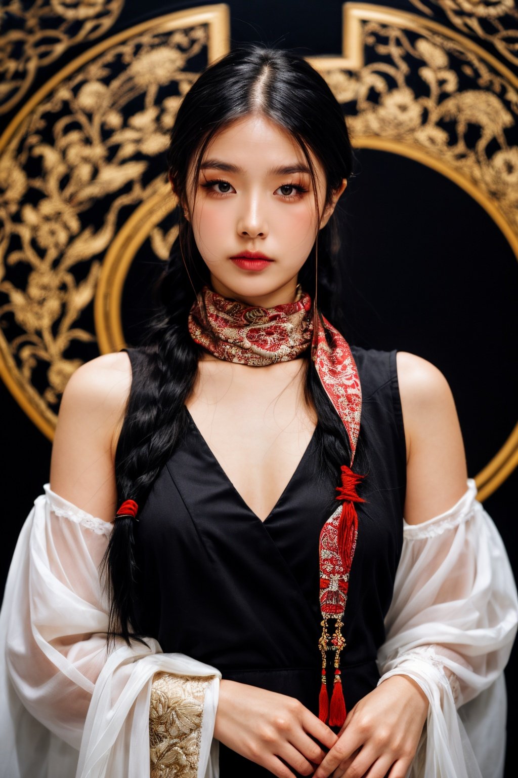 girl02, photographed on a Nikon Z7 II Mirrorless Camera,120mm F/4 wide-anglegirl02, 1girl, solo, long hair, looking at viewer, black hair, long sleeves, braida woman wearing a white dress and a black braid with a blue and red pattern on it's neck, Chen Lu, art nouveau fashion embroidered, a character portrait, aestheticisma woman wearing a black top and red scarf with a red and white design on it's neck, Chen Jiru, art nouveau fashion embroidered, a silk screen, cloisonnismbest quality, masterpiece, ultra detailed, cowboy shot, flowing, 3dmm, ink sketch, color ink, ink rendering, octane render, pastels, rice paper, 1girl, beautiful detailed eyes, (alternate hairstyle), ultra detailed hair, graceful, (charming), (delicate), pretty, cute, lace dress, character in the center of the frame, rhythm, fantasy, looking at viewer,<lora:more_details:0.3> <lora:add_detail:0.3>  <lora:girl02_SDLife_Chiasedamme_v1.0:0.62>