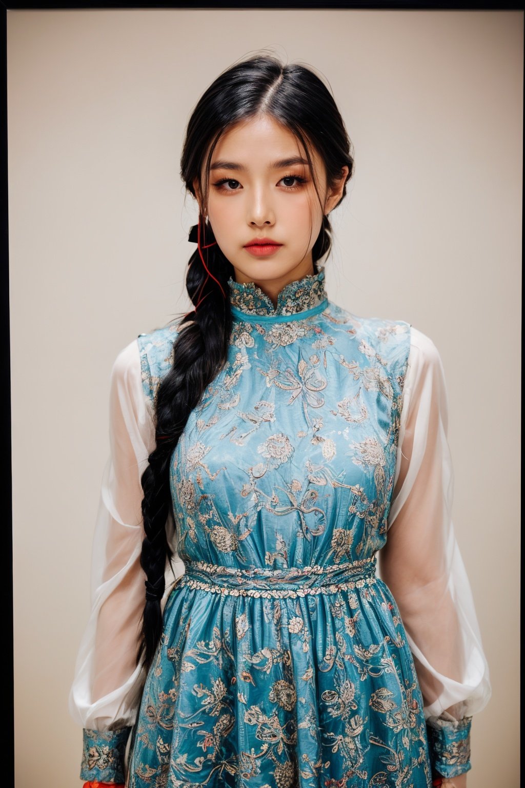 girl02, photographed on a Nikon Z7 II Mirrorless Camera,120mm F/4 wide-anglegirl02, 1girl, solo, long hair, looking at viewer, black hair, long sleeves, braida woman wearing a white dress and a black braid with a blue and red pattern on it's neck, Chen Lu, art nouveau fashion embroidered, a character portrait, aestheticismbest quality, masterpiece, ultra detailed, cowboy shot, flowing, 3dmm, ink sketch, color ink, ink rendering, octane render, pastels, rice paper, 1girl, beautiful detailed eyes, (alternate hairstyle), ultra detailed hair, graceful, (charming), (delicate), pretty, cute, lace dress, character in the center of the frame, rhythm, fantasy, looking at viewer,<lora:more_details:0.3> <lora:add_detail:0.3>  <lora:girl02_SDLife_Chiasedamme_v1.0:0.62>