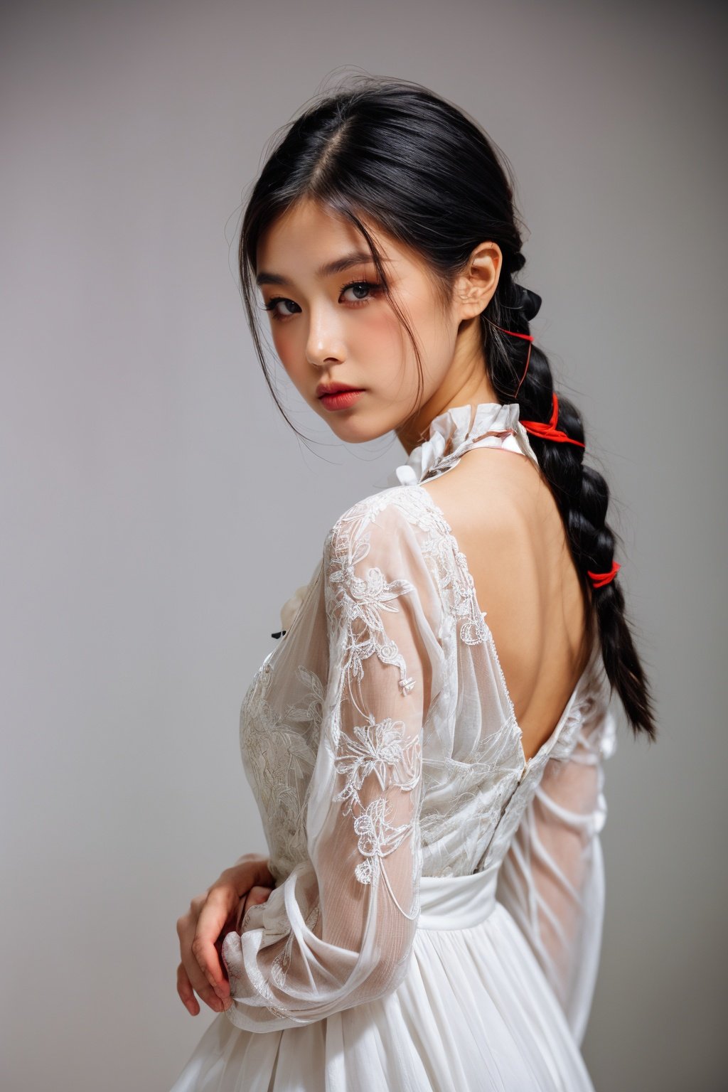 girl02, photographed on a Nikon Z7 II Mirrorless Camera,120mm F/4 wide-anglegirl02, 1girl, solo, long hair, looking at viewer, black hair, long sleeves, braida woman wearing a white dress and a black braid with a blue and red pattern on it's neck, Chen Lu, art nouveau fashion embroidered, a character portrait, aestheticismbest quality, masterpiece, ultra detailed, cowboy shot, flowing, 3dmm, ink sketch, color ink, ink rendering, octane render, pastels, rice paper, 1girl, beautiful detailed eyes, (alternate hairstyle), ultra detailed hair, graceful, (charming), (delicate), pretty, cute, lace dress, character in the center of the frame, rhythm, fantasy, looking at viewer,<lora:more_details:0.3> <lora:add_detail:0.3>  <lora:girl02_SDLife_Chiasedamme_v1.0:0.62>