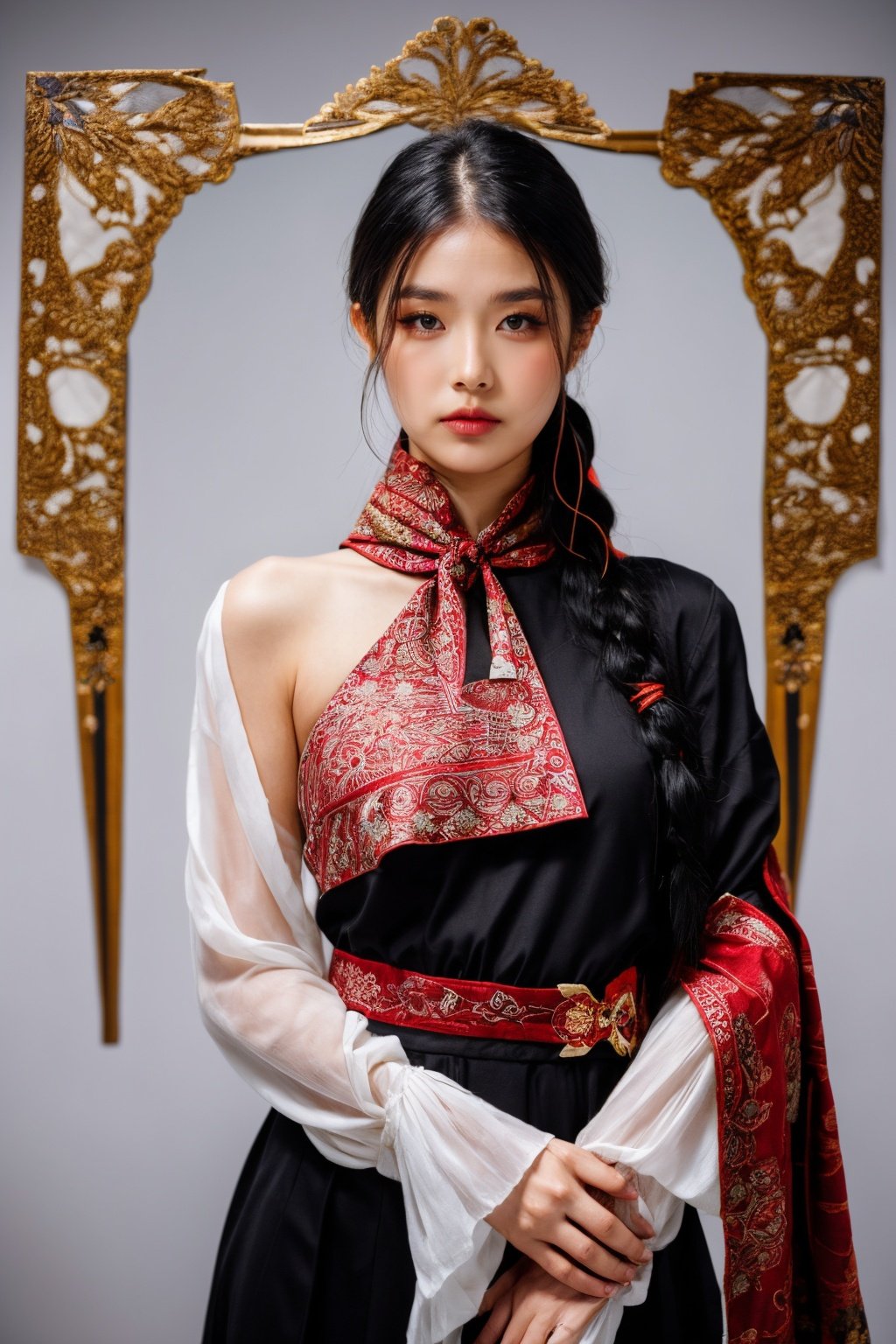 girl02, photographed on a Nikon Z7 II Mirrorless Camera,120mm F/4 wide-anglegirl02, 1girl, solo, long hair, looking at viewer, black hair, long sleeves, braida woman wearing a white dress and a black braid with a blue and red pattern on it's neck, Chen Lu, art nouveau fashion embroidered, a character portrait, aestheticisma woman wearing a black top and red scarf with a red and white design on it's neck, Chen Jiru, art nouveau fashion embroidered, a silk screen, cloisonnismbest quality, masterpiece, ultra detailed, cowboy shot, flowing, 3dmm, ink sketch, color ink, ink rendering, octane render, pastels, rice paper, 1girl, beautiful detailed eyes, (alternate hairstyle), ultra detailed hair, graceful, (charming), (delicate), pretty, cute, lace dress, character in the center of the frame, rhythm, fantasy, looking at viewer,<lora:more_details:0.3> <lora:add_detail:0.3>  <lora:girl02_SDLife_Chiasedamme_v1.0:0.62>