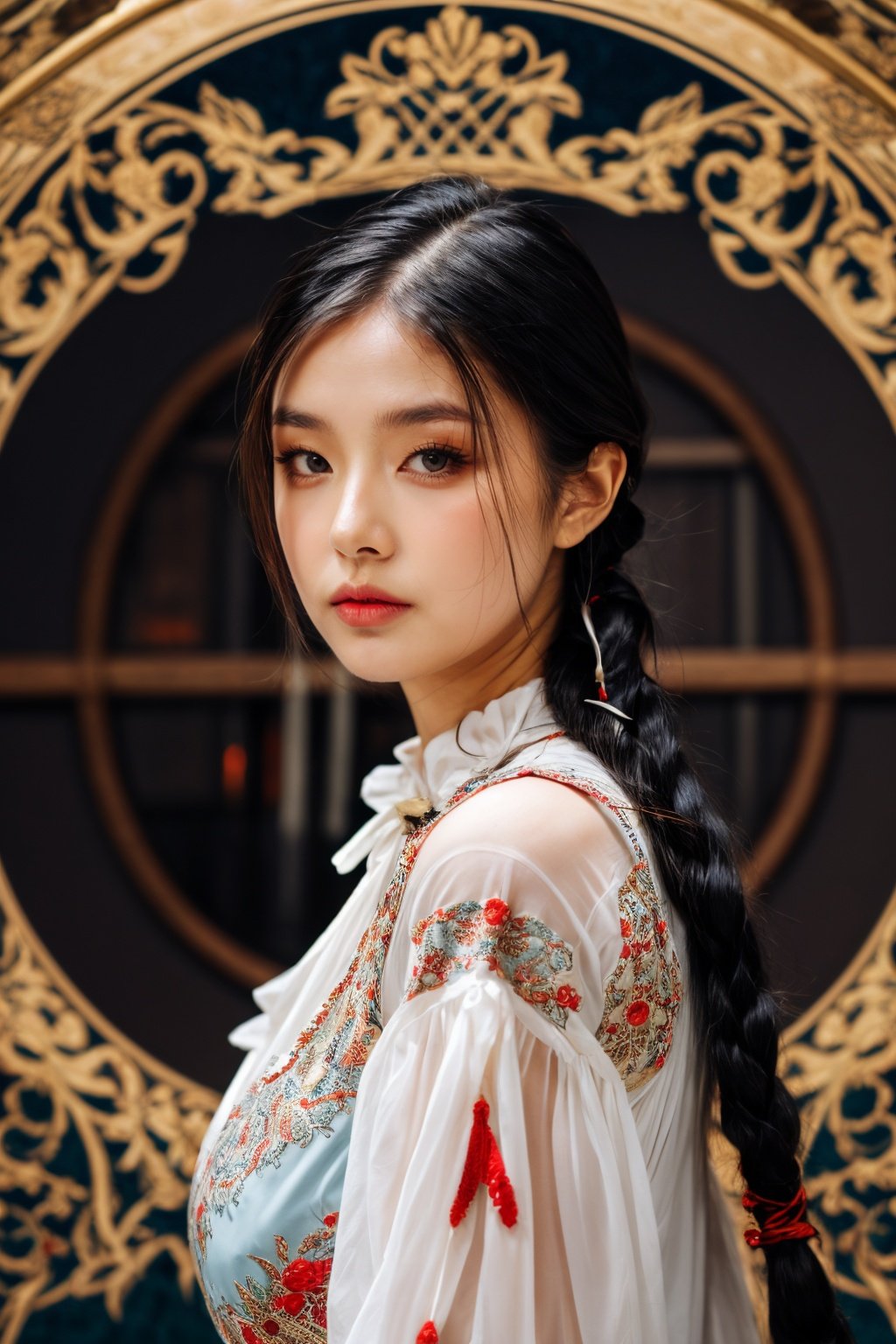 girl02, photographed on a Nikon Z7 II Mirrorless Camera,120mm F/4 wide-anglegirl02, 1girl, solo, long hair, looking at viewer, black hair, long sleeves, braida woman wearing a white dress and a black braid with a blue and red pattern on it's neck, Chen Lu, art nouveau fashion embroidered, a character portrait, aestheticismbest quality, masterpiece, ultra detailed, cowboy shot, flowing, 3dmm, ink sketch, color ink, ink rendering, octane render, pastels, rice paper, 1girl, beautiful detailed eyes, (alternate hairstyle), ultra detailed hair, graceful, (charming), (delicate), pretty, cute, lace dress, character in the center of the frame, rhythm, fantasy, looking at viewer,<lora:more_details:0.3> <lora:add_detail:0.3>  <lora:girl02_SDLife_Chiasedamme_v1.0:0.62>