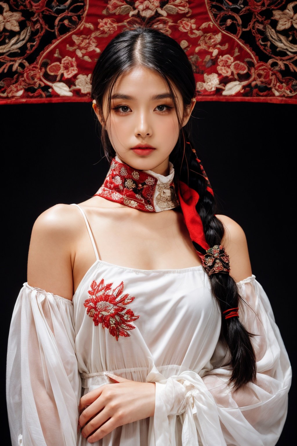 girl02, photographed on a Nikon Z7 II Mirrorless Camera,120mm F/4 wide-anglegirl02, 1girl, solo, long hair, looking at viewer, black hair, long sleeves, braida woman wearing a white dress and a black braid with a blue and red pattern on it's neck, Chen Lu, art nouveau fashion embroidered, a character portrait, aestheticisma woman wearing a black top and red scarf with a red and white design on it's neck, Chen Jiru, art nouveau fashion embroidered, a silk screen, cloisonnismbest quality, masterpiece, ultra detailed, cowboy shot, flowing, 3dmm, ink sketch, color ink, ink rendering, octane render, pastels, rice paper, 1girl, beautiful detailed eyes, (alternate hairstyle), ultra detailed hair, graceful, (charming), (delicate), pretty, cute, lace dress, character in the center of the frame, rhythm, fantasy, looking at viewer,<lora:more_details:0.3> <lora:add_detail:0.3>  <lora:girl02_SDLife_Chiasedamme_v1.0:0.62>