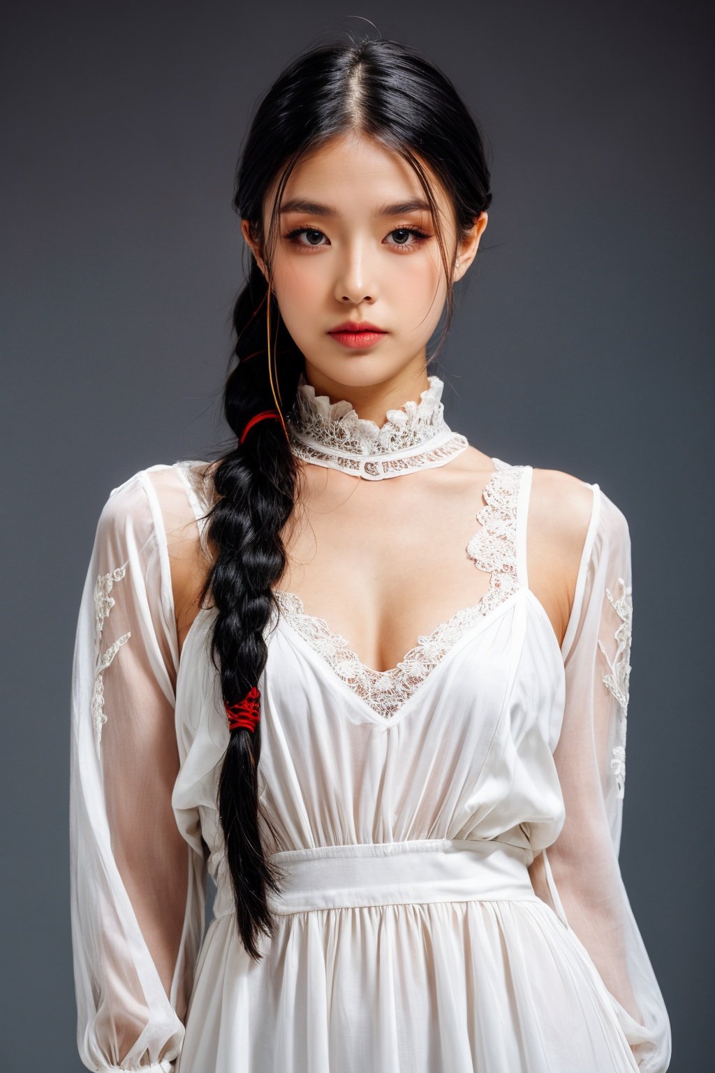 girl02, photographed on a Nikon Z7 II Mirrorless Camera,120mm F/4 wide-anglegirl02, 1girl, solo, long hair, looking at viewer, black hair, long sleeves, braida woman wearing a white dress and a black braid with a blue and red pattern on it's neck, Chen Lu, art nouveau fashion embroidered, a character portrait, aestheticismbest quality, masterpiece, ultra detailed, cowboy shot, flowing, 3dmm, ink sketch, color ink, ink rendering, octane render, pastels, rice paper, 1girl, beautiful detailed eyes, (alternate hairstyle), ultra detailed hair, graceful, (charming), (delicate), pretty, cute, lace dress, character in the center of the frame, rhythm, fantasy, looking at viewer,<lora:more_details:0.3> <lora:add_detail:0.3>  <lora:girl02_SDLife_Chiasedamme_v1.0:0.62>