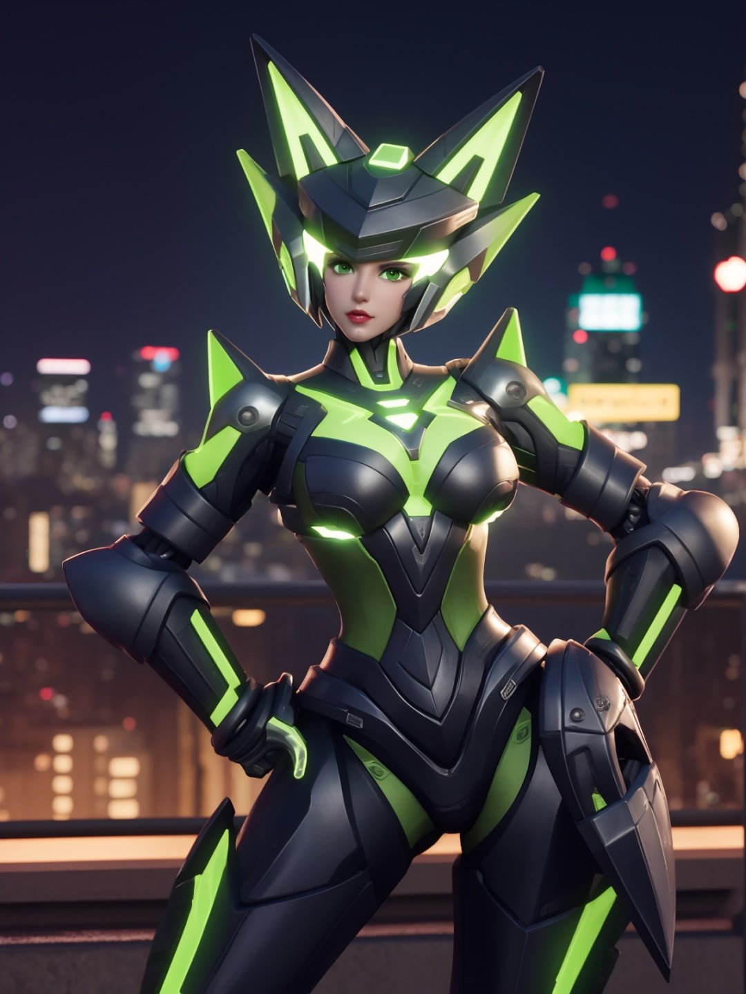 WZRYsunshangxiangMRJJ, 1girl, solo, green eyes, helmet, power armor, glowing, lips, standing,<lora:WZRYsunshangxiangMRJJ:0.75>,cityscape, night,mature female, looking at viewer, hand on hip, cowboy shot, 