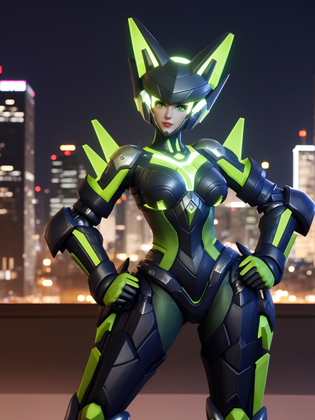 WZRYsunshangxiangMRJJ, 1girl, solo, green eyes, helmet, power armor, glowing, lips, standing,<lora:WZRYsunshangxiangMRJJ:0.75>,cityscape, night,mature female, looking at viewer, hand on hip, cowboy shot, 