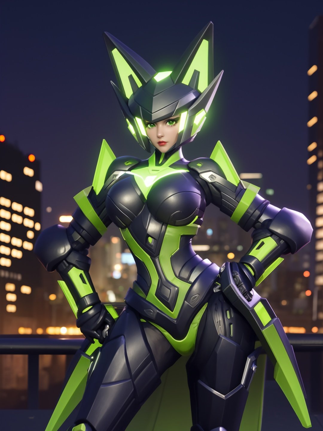 WZRYsunshangxiangMRJJ, 1girl, solo, green eyes, helmet, power armor, glowing, lips, standing,<lora:WZRYsunshangxiangMRJJ:0.75>,cityscape, night,mature female, looking at viewer, hand on hip, cowboy shot, 