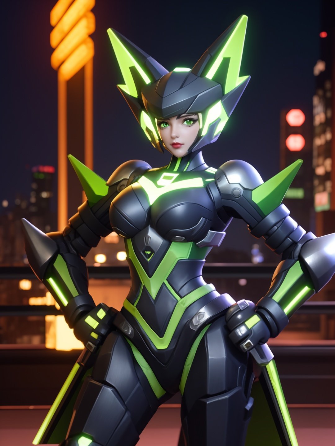 WZRYsunshangxiangMRJJ, 1girl, solo, green eyes, helmet, power armor, glowing, lips, standing,<lora:WZRYsunshangxiangMRJJ:0.75>,cityscape, night,mature female, looking at viewer, hand on hip, cowboy shot, 