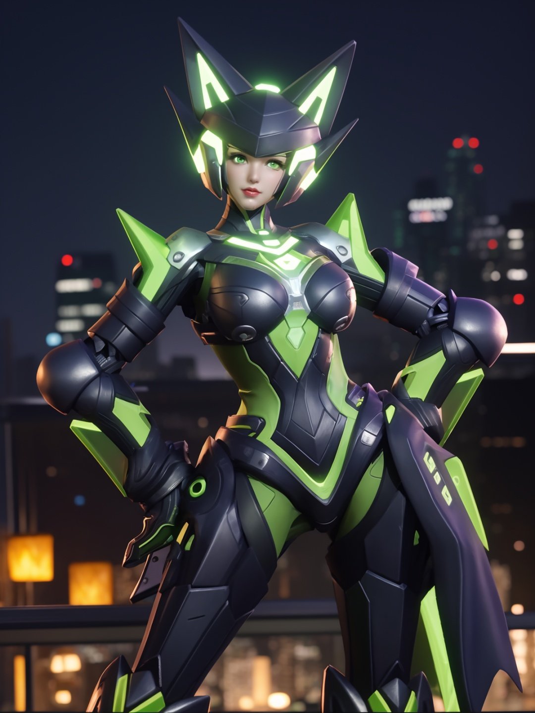 WZRYsunshangxiangMRJJ, 1girl, solo, green eyes, helmet, power armor, glowing, lips, standing,<lora:WZRYsunshangxiangMRJJ:0.75>,cityscape, night,mature female, looking at viewer, hand on hip, cowboy shot, 