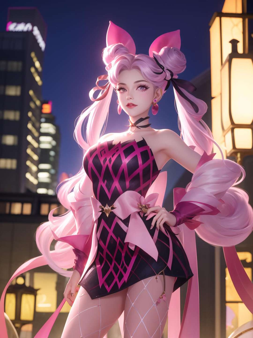 WZRYsunshangxiangQWLR, 1girl, solo,double bun, choker, pink hair,jewelry, facial mark, fishnets, earrings, pink eyes,twintails,bow,hair ornament, bare shoulders,long hair, ribbon, lipstick,pink dress,detached sleeves, <lora:WZRYsunshangxiangQWLR:0.75>,cityscape, night,mature female, looking at viewer, standing, hand on hip, 