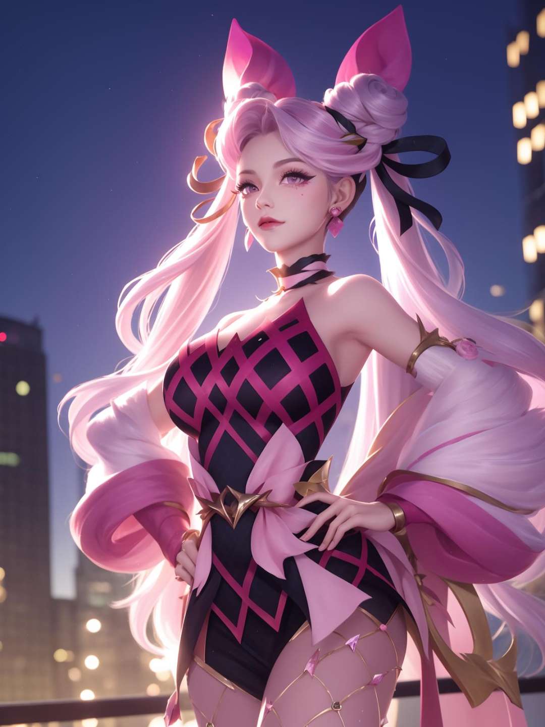 WZRYsunshangxiangQWLR, 1girl, solo,double bun, choker, pink hair,jewelry, facial mark, fishnets, earrings, pink eyes,twintails,bow,hair ornament, bare shoulders,long hair, ribbon, lipstick,pink dress,detached sleeves, <lora:WZRYsunshangxiangQWLR:0.75>,cityscape, night,mature female, looking at viewer, standing, hand on hip, 