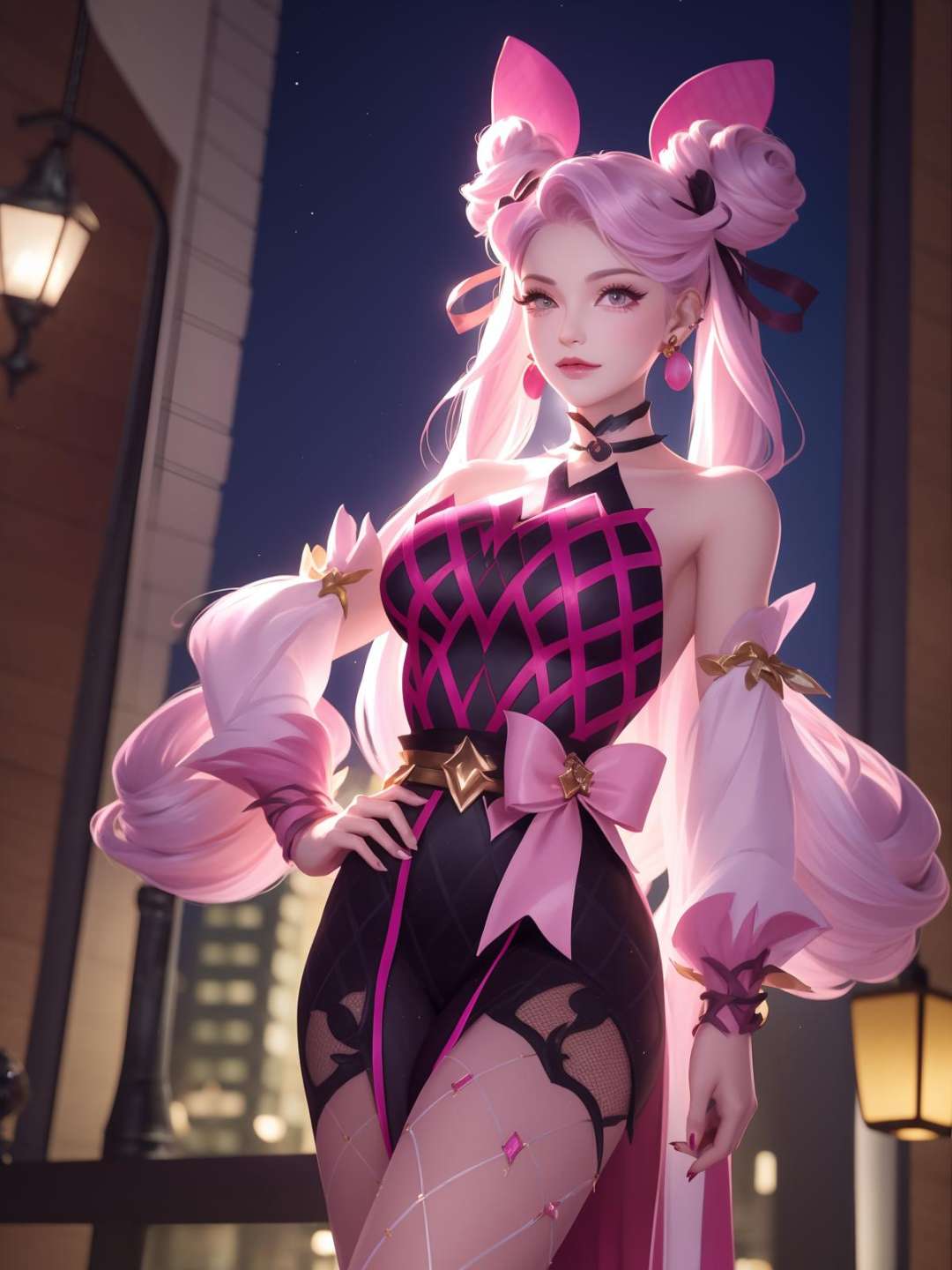 WZRYsunshangxiangQWLR, 1girl, solo,double bun, choker, pink hair,jewelry, facial mark, fishnets, earrings, pink eyes,twintails,bow,hair ornament, bare shoulders,long hair, ribbon, lipstick,pink dress,detached sleeves, <lora:WZRYsunshangxiangQWLR:0.75>,cityscape, night,mature female, looking at viewer, standing, hand on hip, 