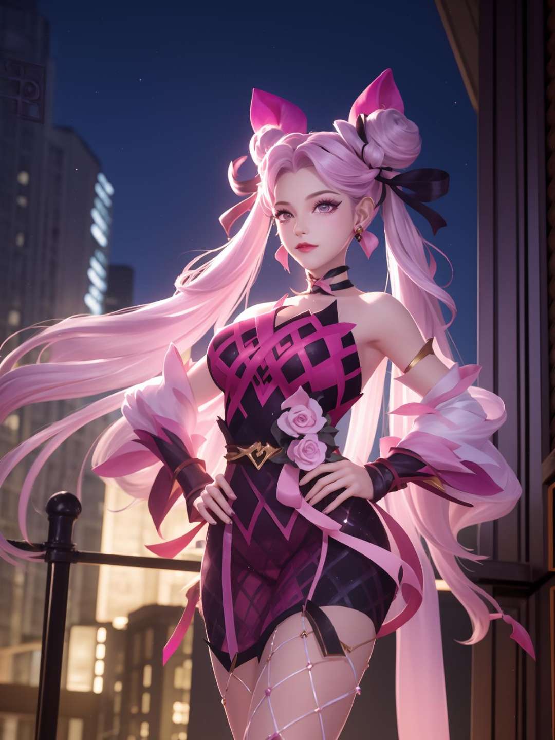 WZRYsunshangxiangQWLR, 1girl, solo,double bun, choker, pink hair,jewelry, facial mark, fishnets, earrings, pink eyes,twintails,bow,hair ornament, bare shoulders,long hair, ribbon, lipstick,pink dress,detached sleeves, <lora:WZRYsunshangxiangQWLR:0.75>,cityscape, night,mature female, looking at viewer, standing, hand on hip, 