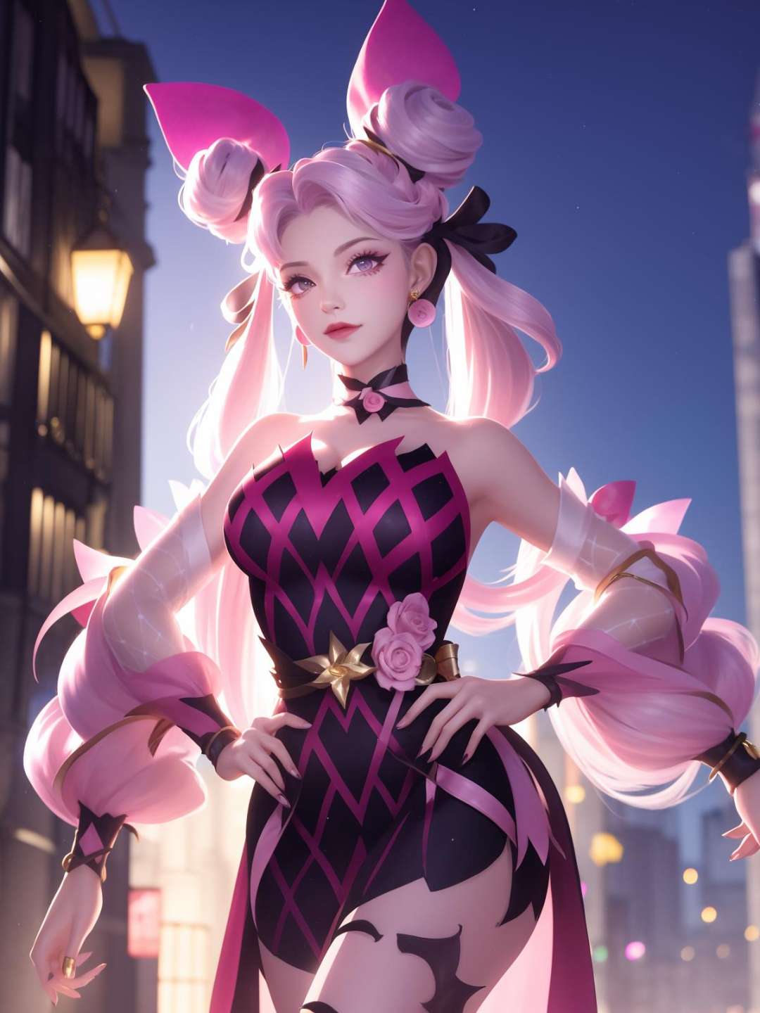 WZRYsunshangxiangQWLR, 1girl, solo,double bun, choker, pink hair,jewelry, facial mark, fishnets, earrings, pink eyes,twintails,bow,hair ornament, bare shoulders,long hair, ribbon, lipstick,pink dress,detached sleeves, <lora:WZRYsunshangxiangQWLR:0.75>,cityscape, night,mature female, looking at viewer, standing, hand on hip, 