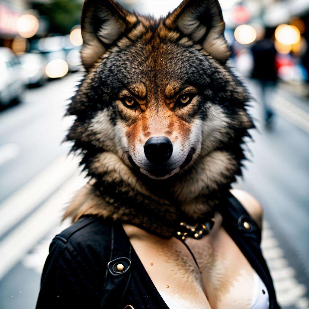 a woman <lora:wolf_300steps:2> in street, 8k, 4k