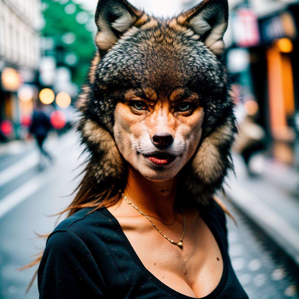 a woman <lora:wolf_300steps:1.8> in street, 8k, 4k