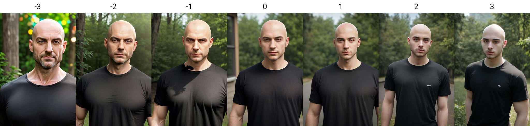 realistic photo of a man, bald, upper body, black t-shirt, outdoors, looking at viewer <lora:age_300steps:-3>