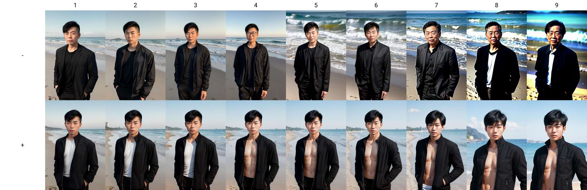 photo of a asian man, beach, upper body, black jacket, looking at viewer <lora:age_slider_V3:-1>