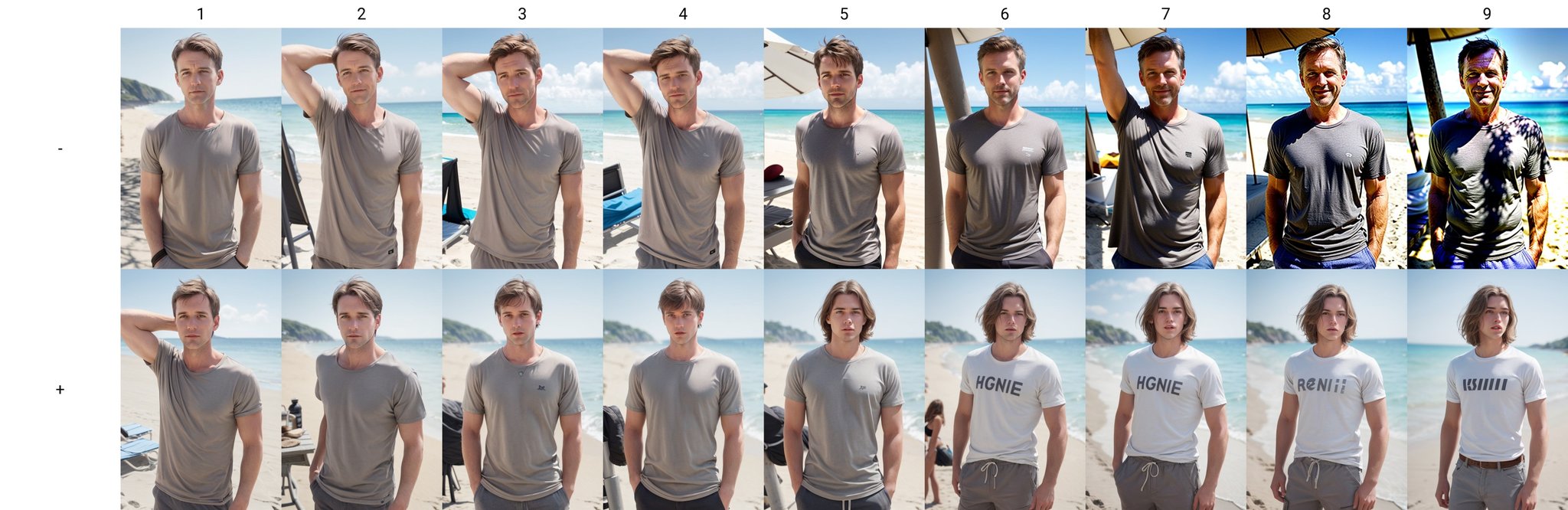 photo of a white man,sunny day, on a beach brown hair, upper body, grey t-shirt, looking at viewer <lora:age_slider_V3:-1>