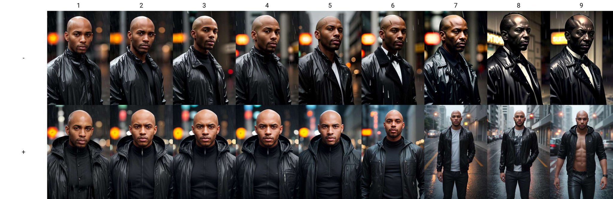 photo of a black man, bald, rain, street, upper body, black jacket, looking at viewer <lora:age_slider_V3:-1>