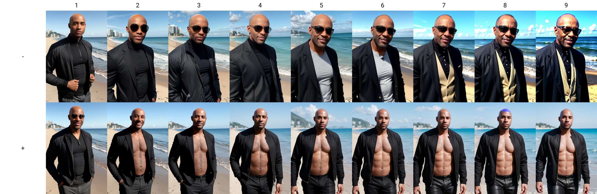 photo of a black man, bald, sunny day, on a beach, upper body, black jacket, looking at viewer <lora:age_slider_V3:-1>