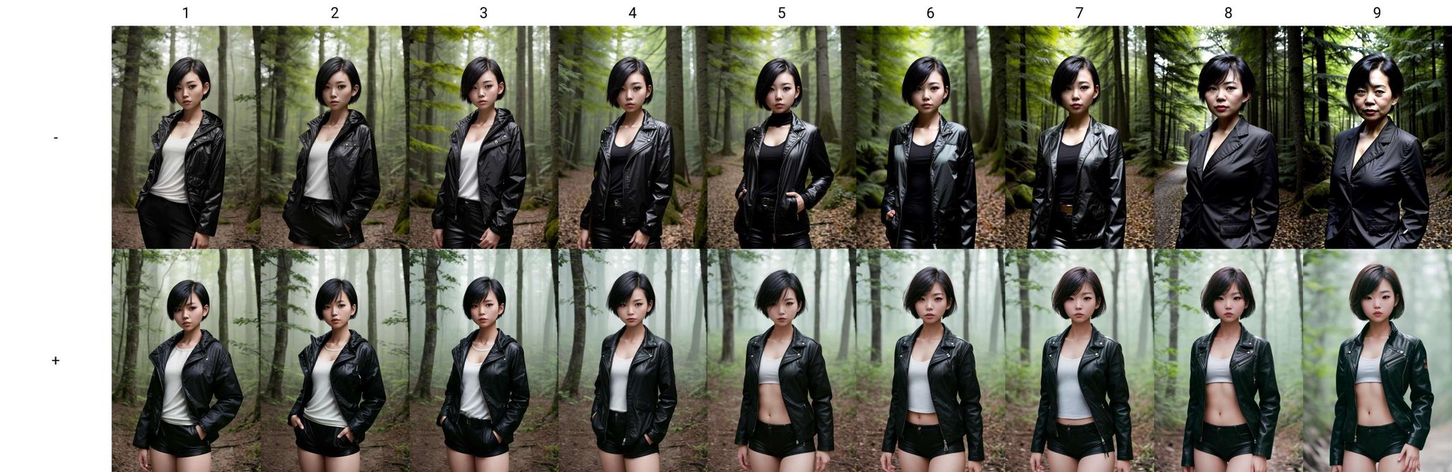 photo of a asian girl, short hair, forest, upper body, black jacket, looking at viewer <lora:age_slider_V3:-1>