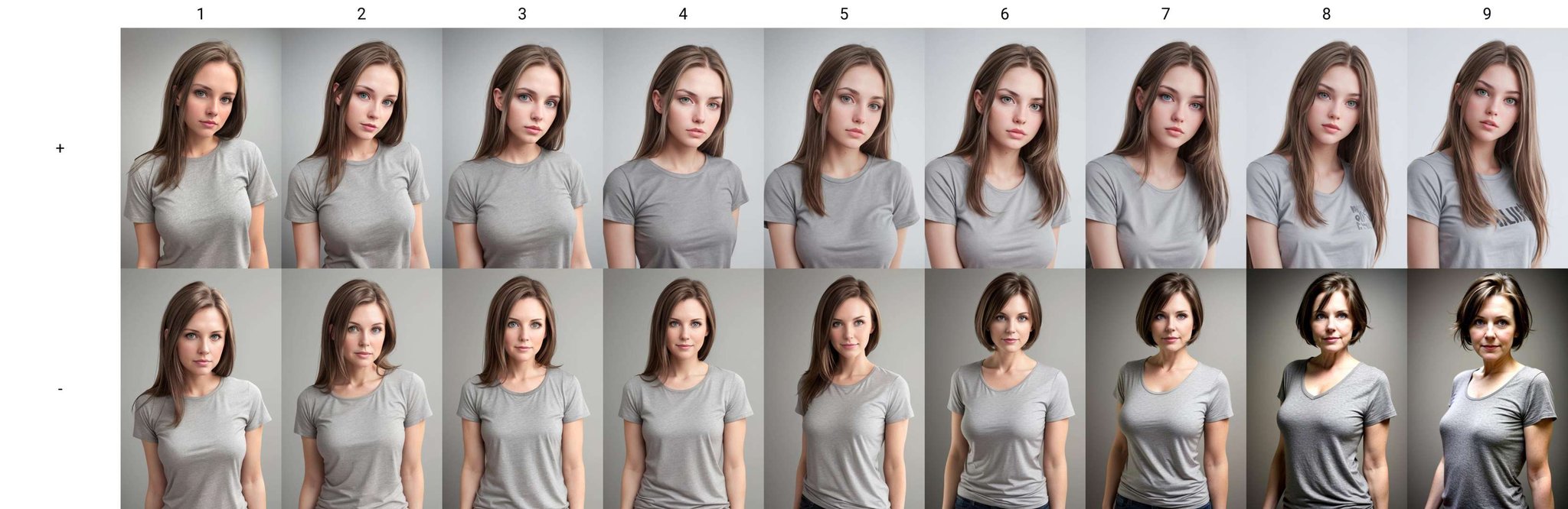 photo of a white woman, brown hair, upper body, grey t-shirt, looking at viewer, simple background, grey background<lora:age_slider_V3:+1>