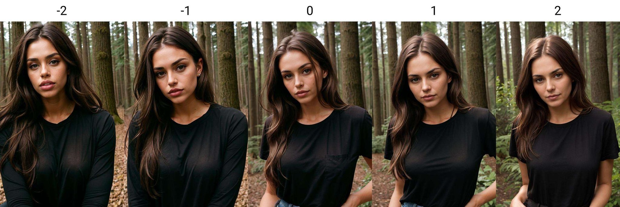 portrait of a beautiful woman, brown hair, black shirt<lora:lips_300steps:-2> , forest