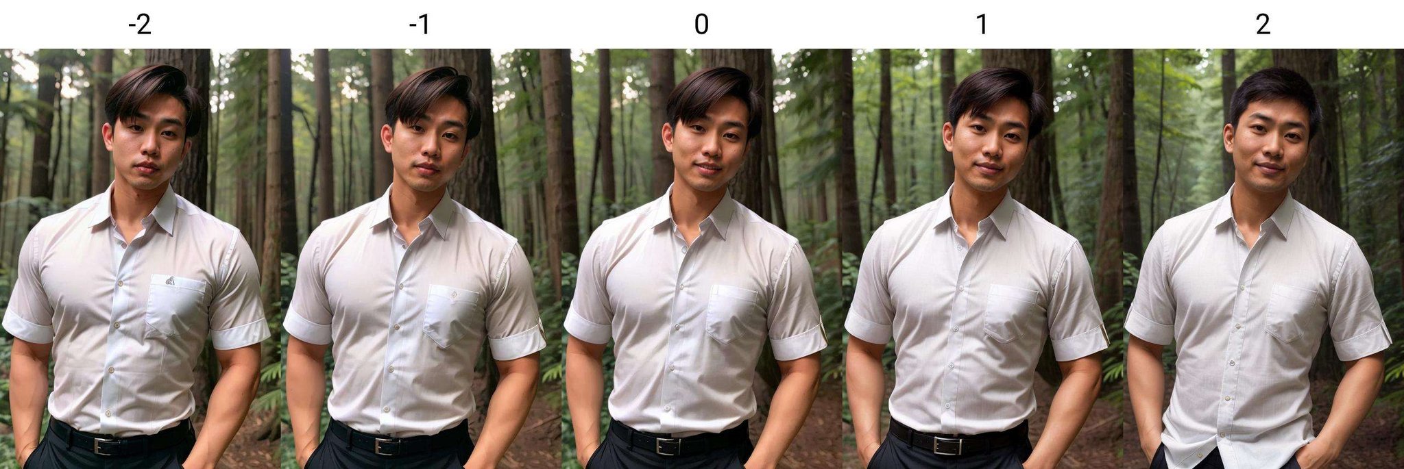 (upper body) of an asian man, brown hair, white shirt<lora:lips_300steps:-2> , forest