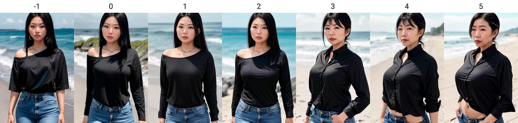 asian woman, upper body,  black shirt, jeans, black hair, looking at viewer, beach<lora:age_slider_v20:-1>