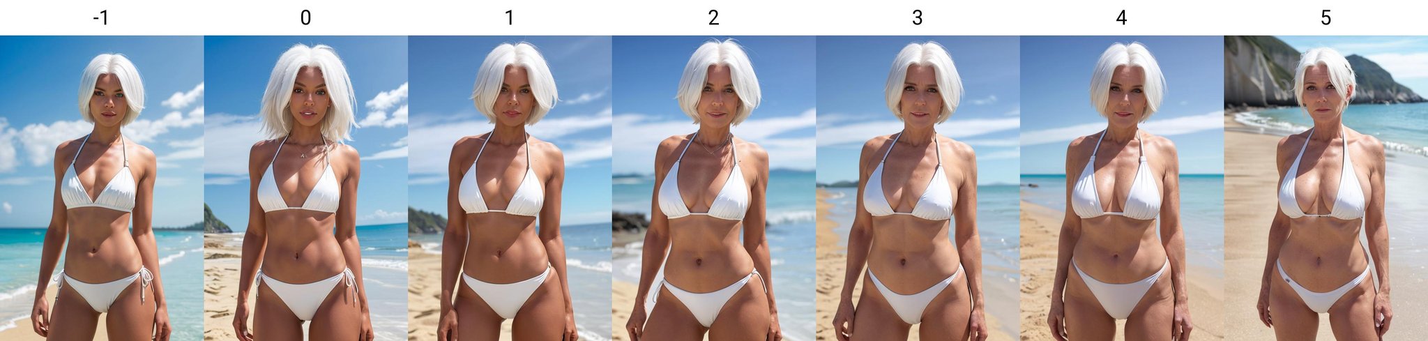 upper body,  bikini, white hair, looking at viewer, beach, white woman, standing<lora:age_slider_v20:-1>