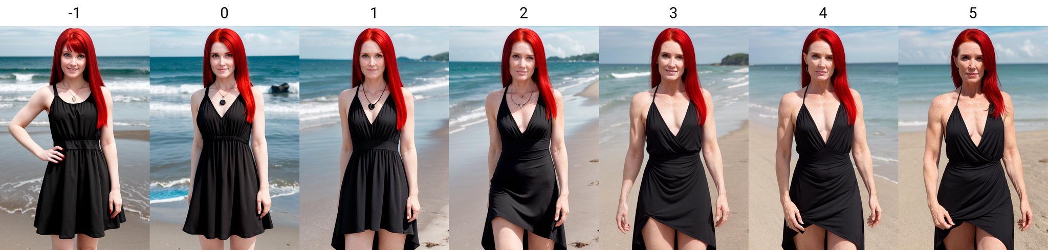 upper body,  black dress, red hair, looking at viewer, beach, white woman, standing<lora:age_slider_v20:-1>