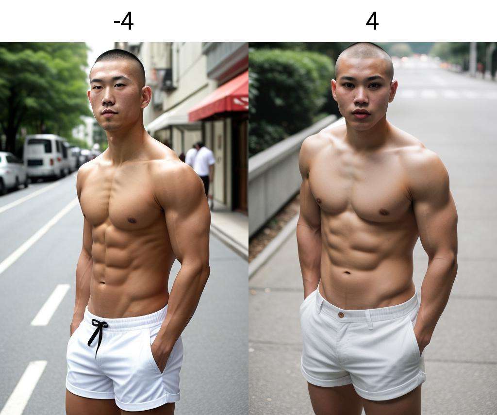 handsome muscular asian man, white shorts, street, topless, buzzcut, looking at viewer, looking at viewer, low sharpness<lora:lip_slider_v2:-4>