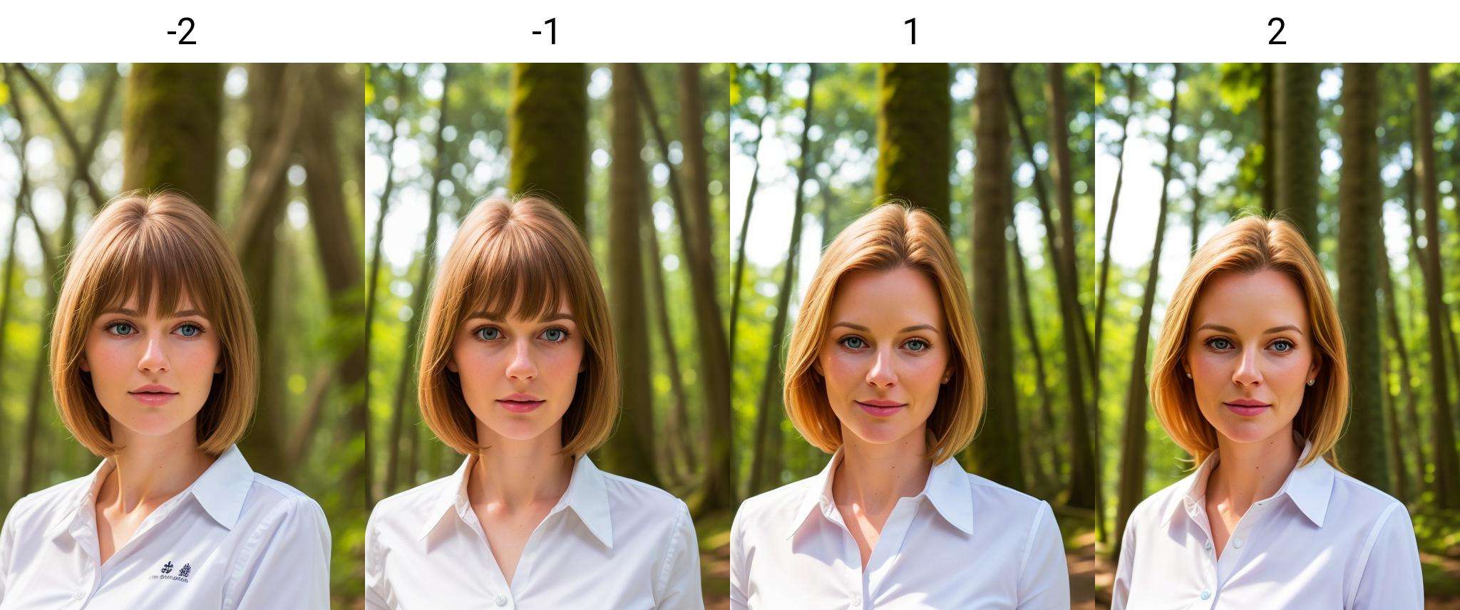 white woman, close-up, forest, shirt, formal, looking at viewer, simple background<lora:forehead_slider_v2:-2>
