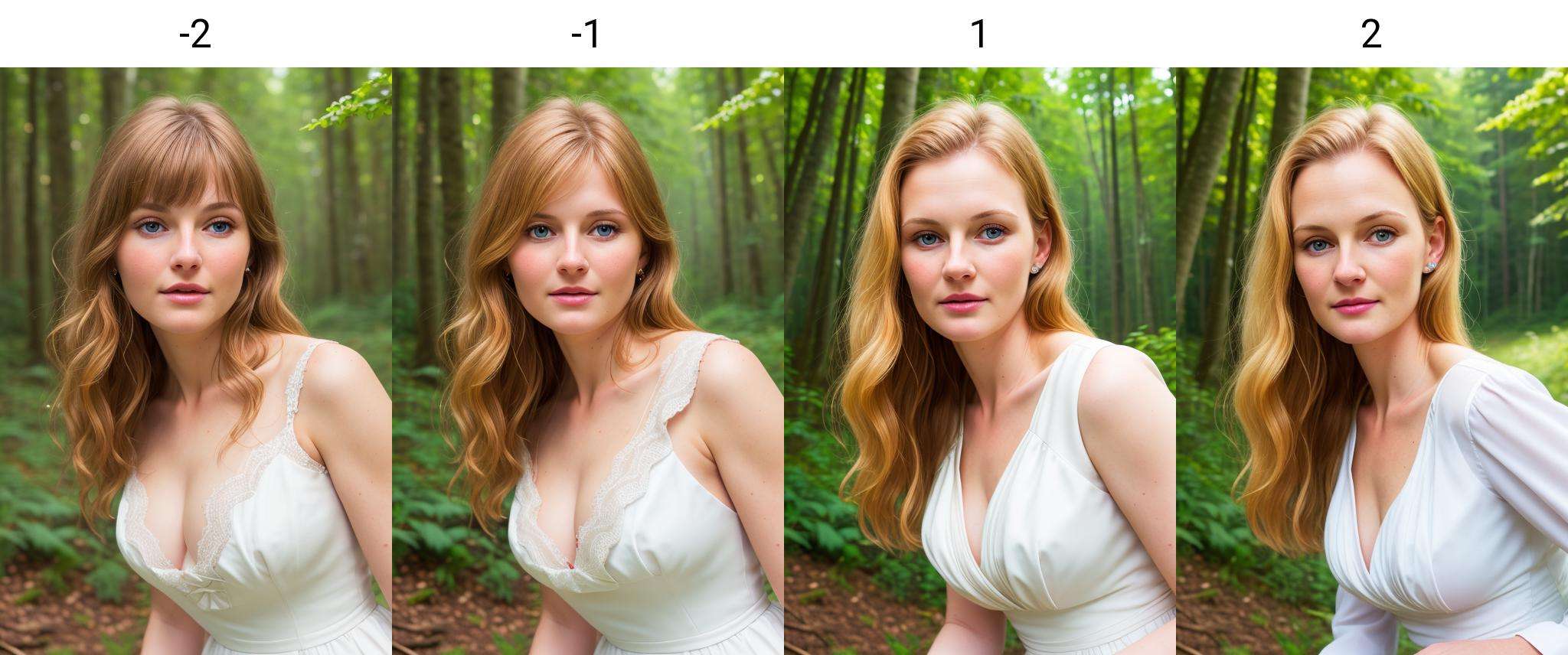 white woman, close-up, forest, dress, formal, looking at viewer, low sharpness<lora:forehead_slider_v2:-2>