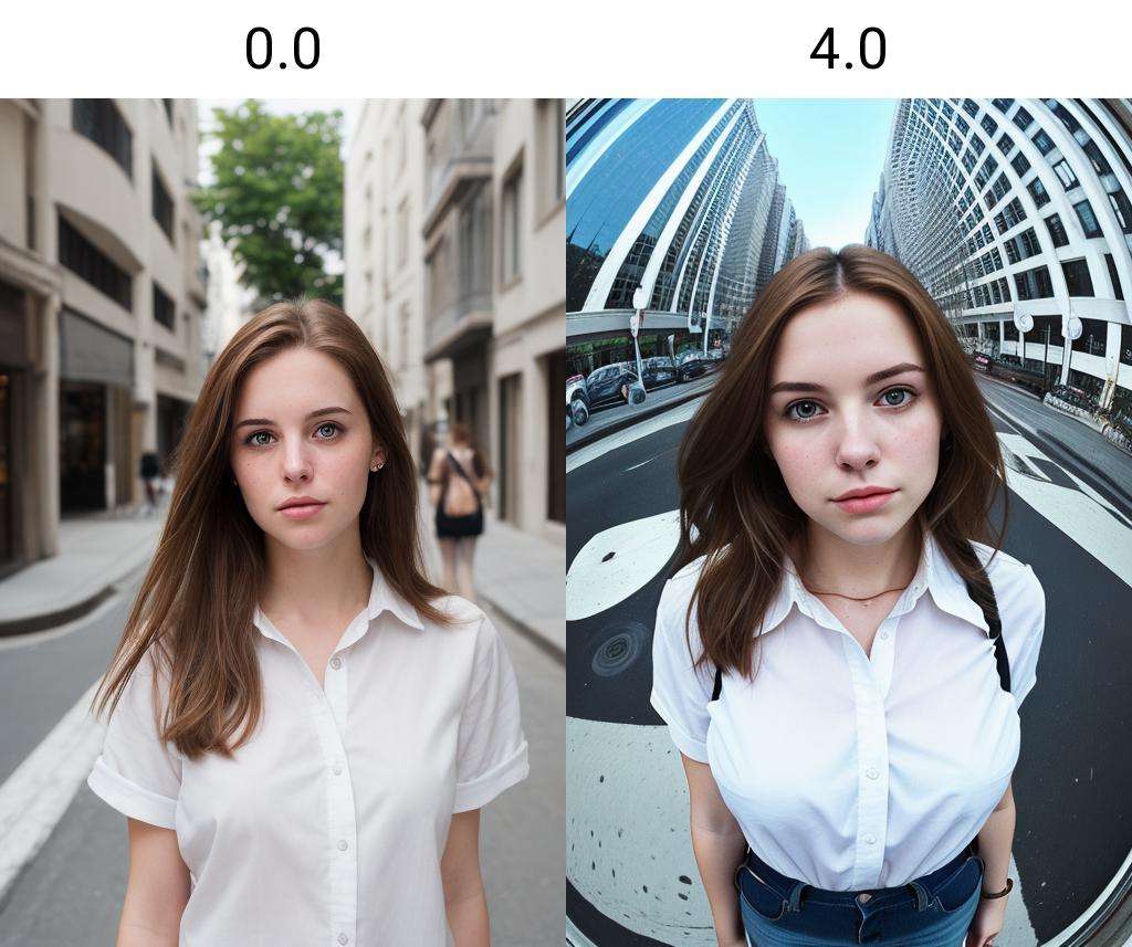 portrait of a white girl in street, white shirt, brown hair<lora:fisheye_260steps:0.0>