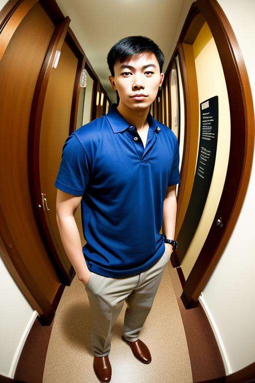 portrait of a handsome asian man in hallway, night, blue shirt, brown hair<lora:fisheye_260steps:4.0>