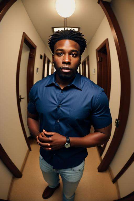 portrait of a handsome black man in hallway, night, blue shirt, brown hair<lora:fisheye_260steps:4.0>