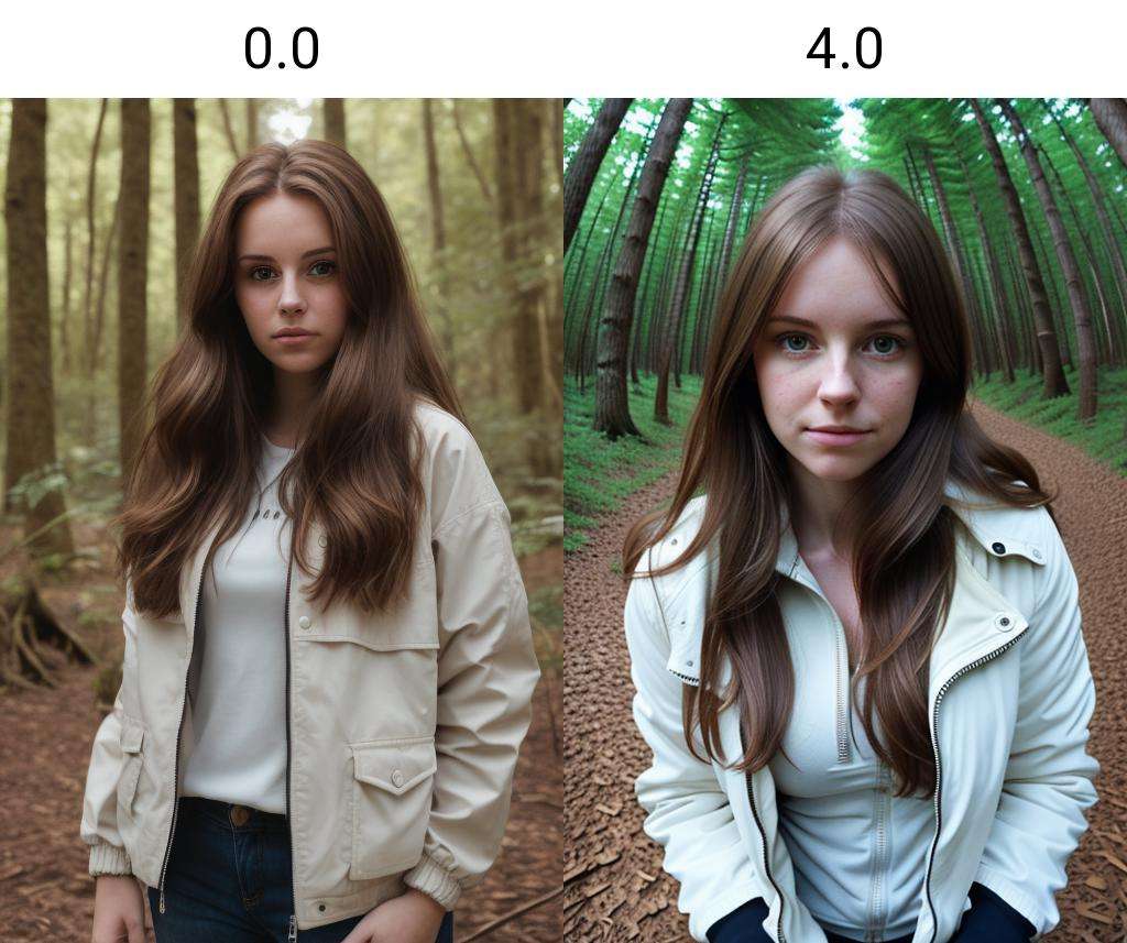 portrait of a white girl in forest, jacket, brown hair<lora:fisheye_260steps:0.0>