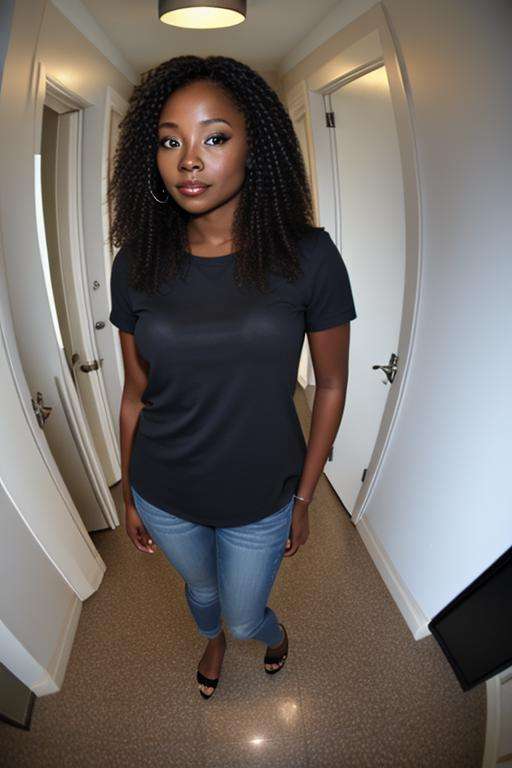 a pretty black woman in hallway, night, blue shirt, brown hair<lora:fisheye_260steps:4.0>