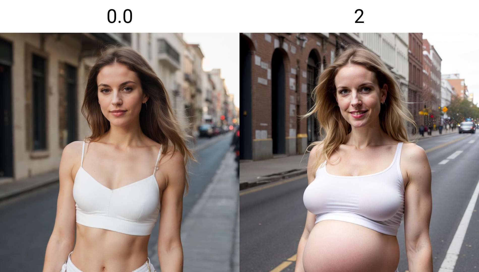 upper body, a white woman, midriff<lora:preg_140steps:0.0>, in a street, highres, 8k, 4k