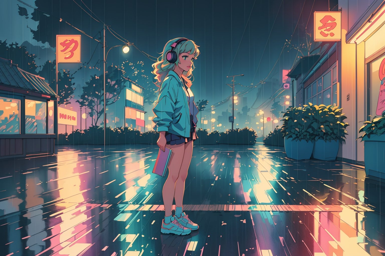 (best quality,4k,8k,highres,masterpiece:1.2),ultra-detailed,(realistic,photorealistic,photo-realistic:1.37),lofi style,girl,headphones,rainy day,flat design,low neon color,detailed eyes,detailed lips,peaceful expression,aesthetic,relaxed pose,soft lighting,cozy atmosphere,light reflections on wet surfaces,subtle raindrops on windows,faded background,noisy vinyl record,casual outfit,comfortable sneakers,inclusive diversity,retro feel,pleasing color gradient,gentle music vibes,jazz playlist,vintage chic,charming simplicity,urban setting,tranquil mood,+1 hour study session,artist's workspace,cup of coffee,bookshelf with vinyl records,artistic notebook and pencil,plants in the room,pleasant scent of rain on the pavement,dim streetlights,silhouette of buildings in the distance,splashes of neon signs,meditative session,beautifully designed album cover,smooth brush strokes,hand-drawn elements,loose geometric shapes,playful pastel hues,calming artwork composition,gentle use of shadows,subtle textural details