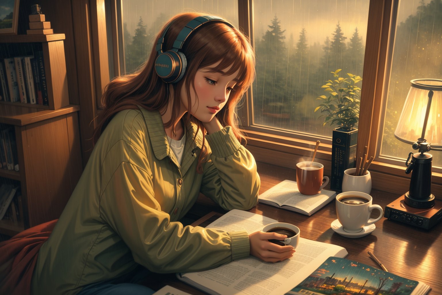 best quality:1.2,ultra-detailed,realistic:1.37,lofi girl,rainy day,study table,low light,oil painting,cozy room,soft focus,warm colors,vintage vibes,relaxing atmosphere,bookshelf,coffee mug,vinyl player,headphones