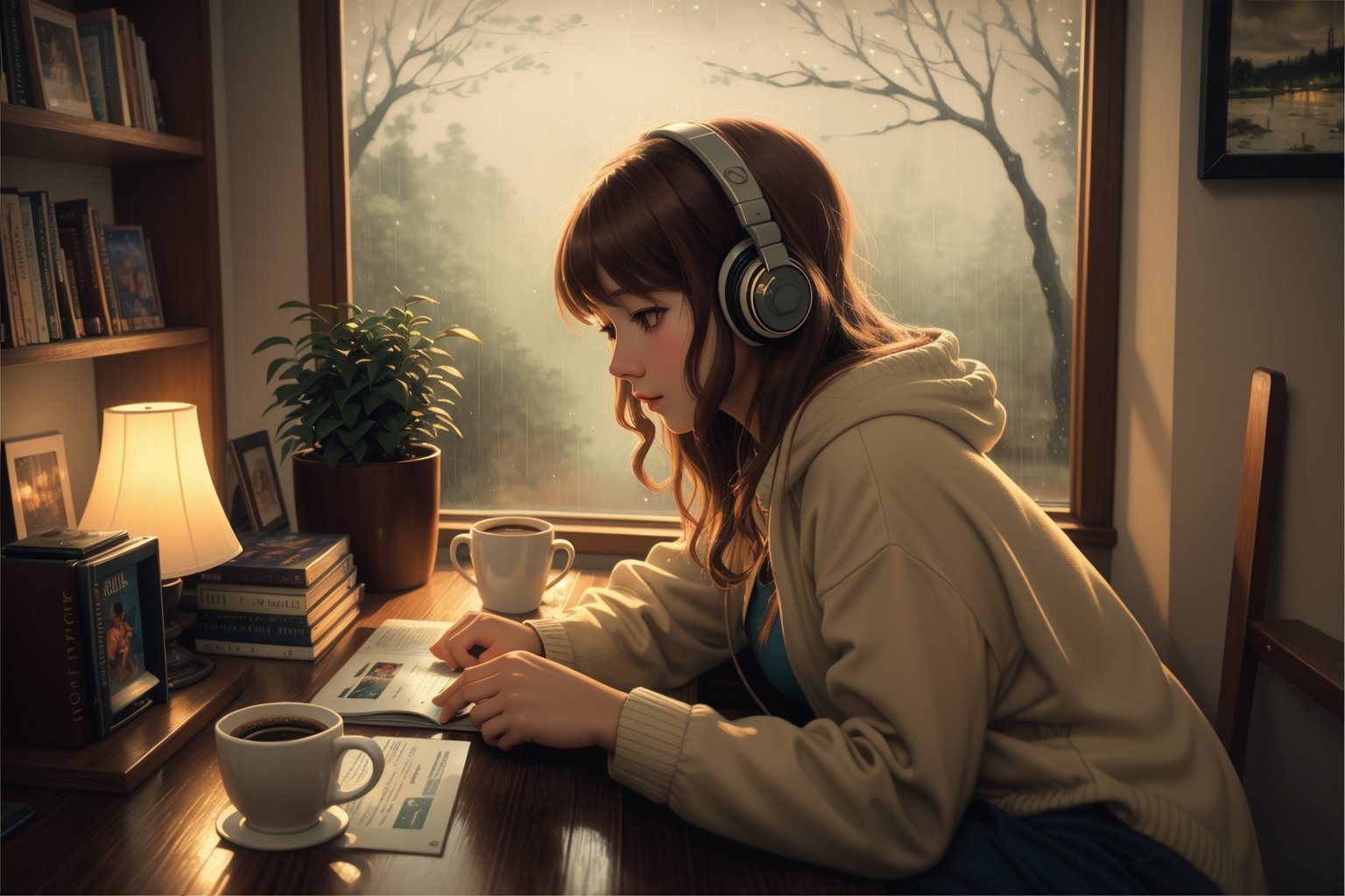 best quality:1.2,ultra-detailed,realistic:1.37,lofi girl,rainy day,study table,low light,oil painting,cozy room,soft focus,warm colors,vintage vibes,relaxing atmosphere,bookshelf,coffee mug,vinyl player,headphones