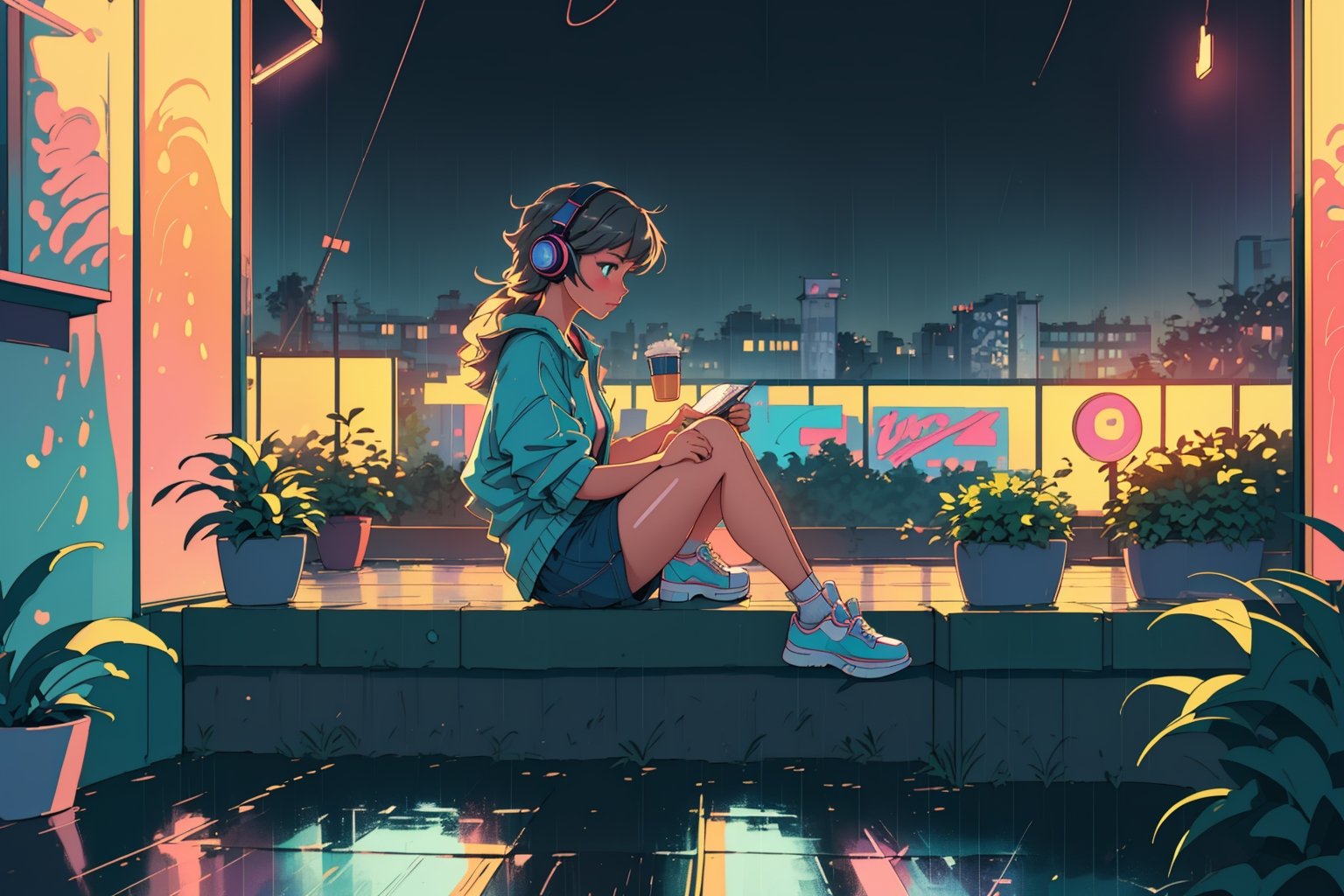 (best quality,4k,8k,highres,masterpiece:1.2),ultra-detailed,(realistic,photorealistic,photo-realistic:1.37),lofi style,girl,headphones,rainy day,flat design,low neon color,detailed eyes,detailed lips,peaceful expression,aesthetic,relaxed pose,soft lighting,cozy atmosphere,light reflections on wet surfaces,subtle raindrops on windows,faded background,noisy vinyl record,casual outfit,comfortable sneakers,inclusive diversity,retro feel,pleasing color gradient,gentle music vibes,jazz playlist,vintage chic,charming simplicity,urban setting,tranquil mood,+1 hour study session,artist's workspace,cup of coffee,bookshelf with vinyl records,artistic notebook and pencil,plants in the room,pleasant scent of rain on the pavement,dim streetlights,silhouette of buildings in the distance,splashes of neon signs,meditative session,beautifully designed album cover,smooth brush strokes,hand-drawn elements,loose geometric shapes,playful pastel hues,calming artwork composition,gentle use of shadows,subtle textural details