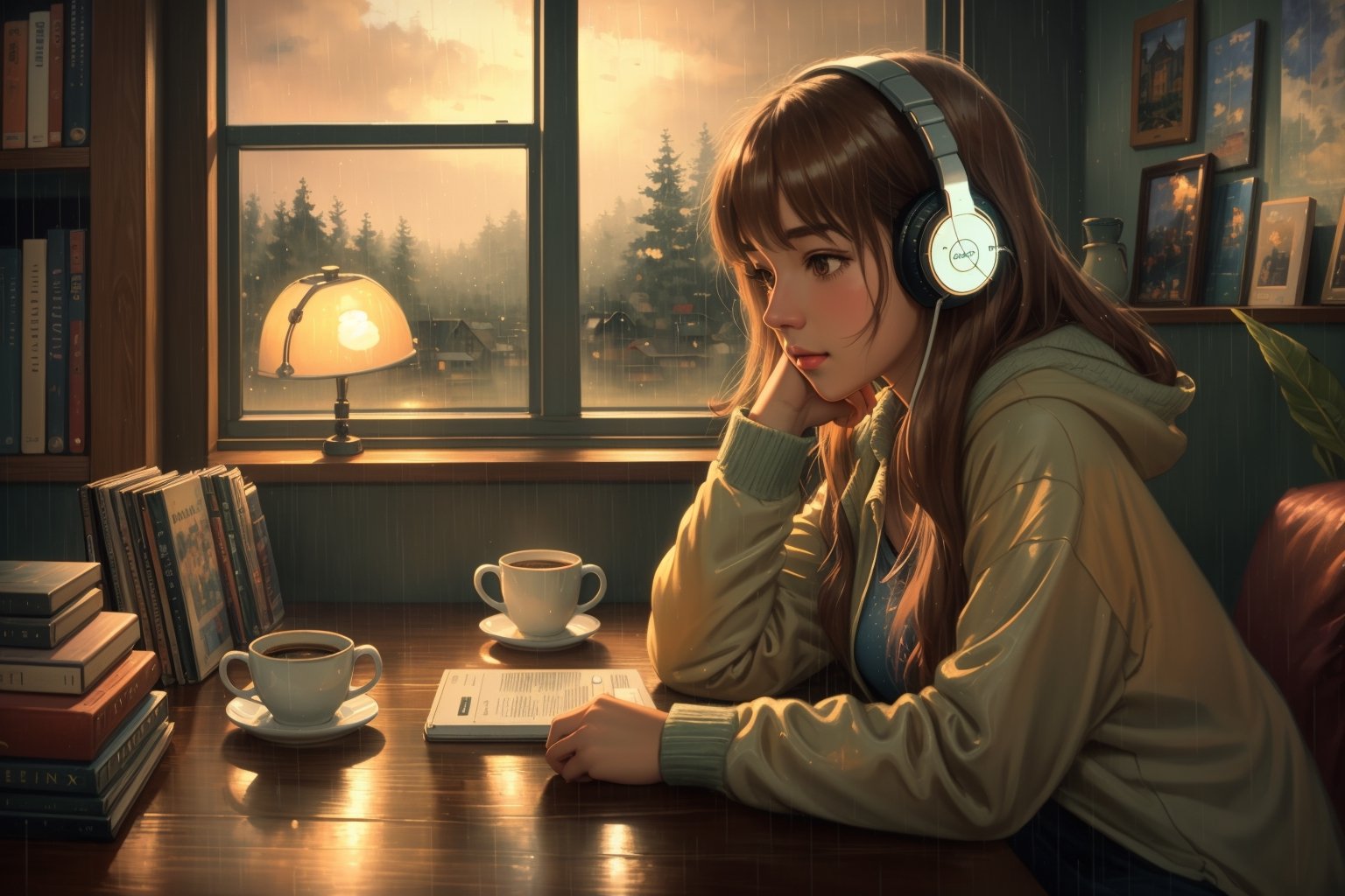 best quality:1.2,ultra-detailed,realistic:1.37,lofi girl,rainy day,study table,low light,oil painting,cozy room,soft focus,warm colors,vintage vibes,relaxing atmosphere,bookshelf,coffee mug,vinyl player,headphones