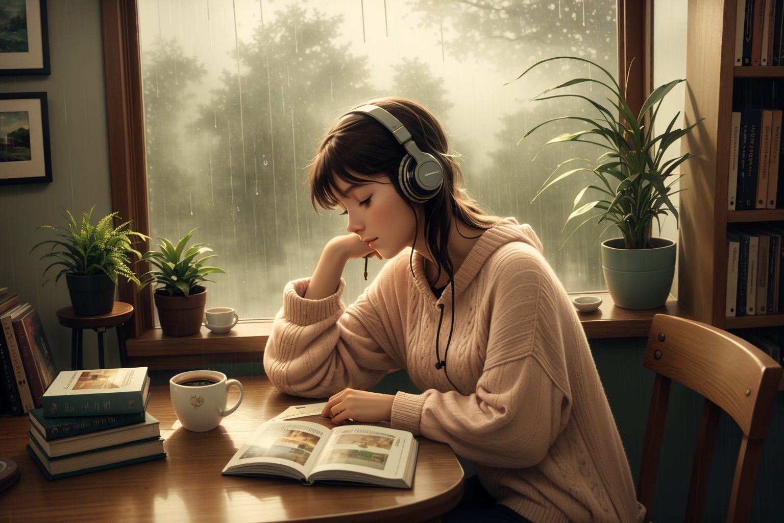 lofi girl,rainy day,study table,low light, oil painting,cozy room,soft focus,warm colors,vintage vibes,relaxing atmosphere,bookshelf,coffee mug,vinyl player,headphones,plant decor,chill vibe,soft music,window view,falling raindrops,rainy window,peaceful silence,warm sweater,candlelight,soft shadows,gentle breeze,reading corner,dreamy ambiance,studying in solitude,tranquil moment,serene mood,endless possibilities,magical rainy day.