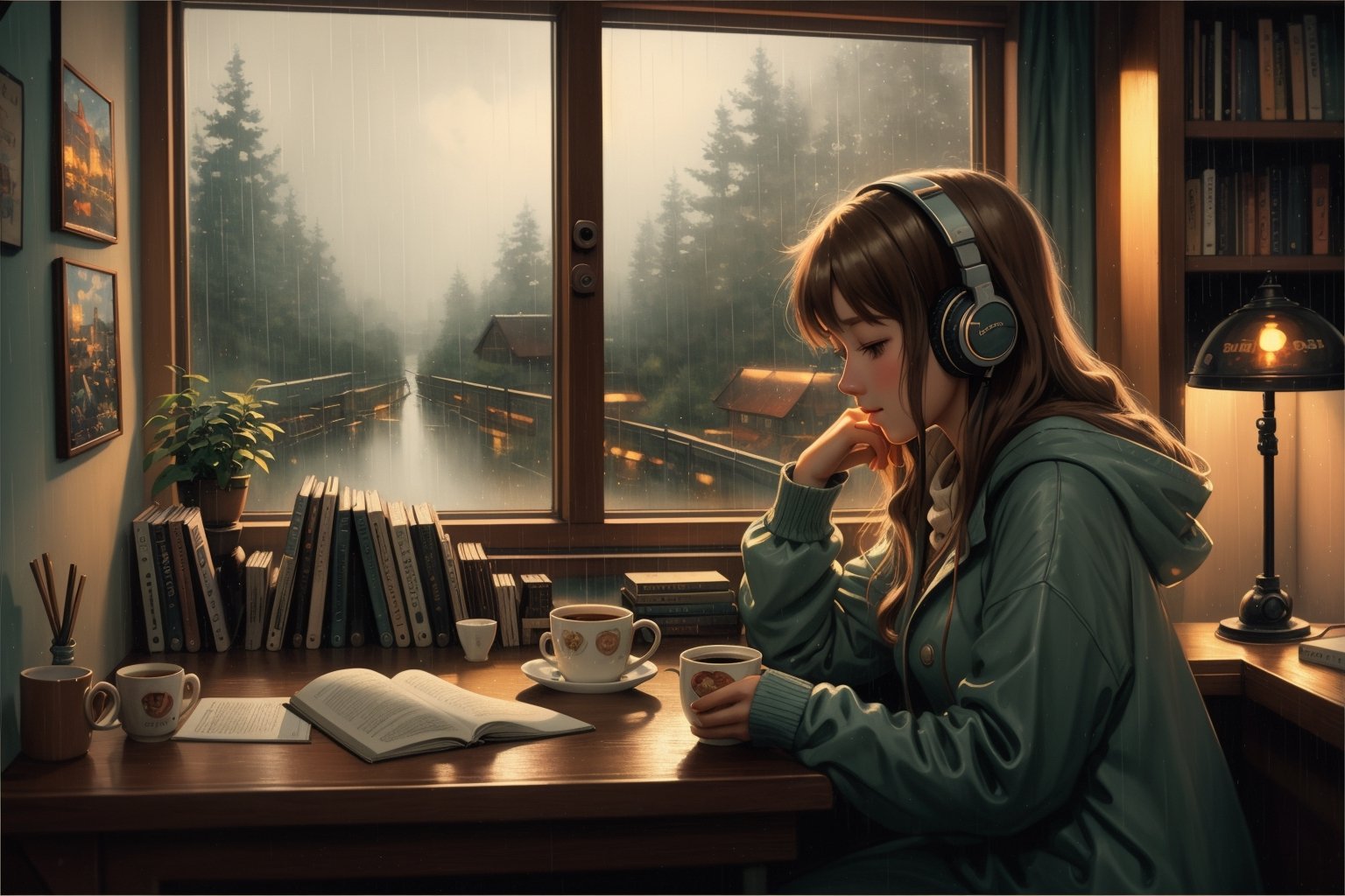 best quality:1.2,ultra-detailed,realistic:1.37,lofi girl,rainy day,study table,low light,oil painting,cozy room,soft focus,warm colors,vintage vibes,relaxing atmosphere,bookshelf,coffee mug,vinyl player,headphones