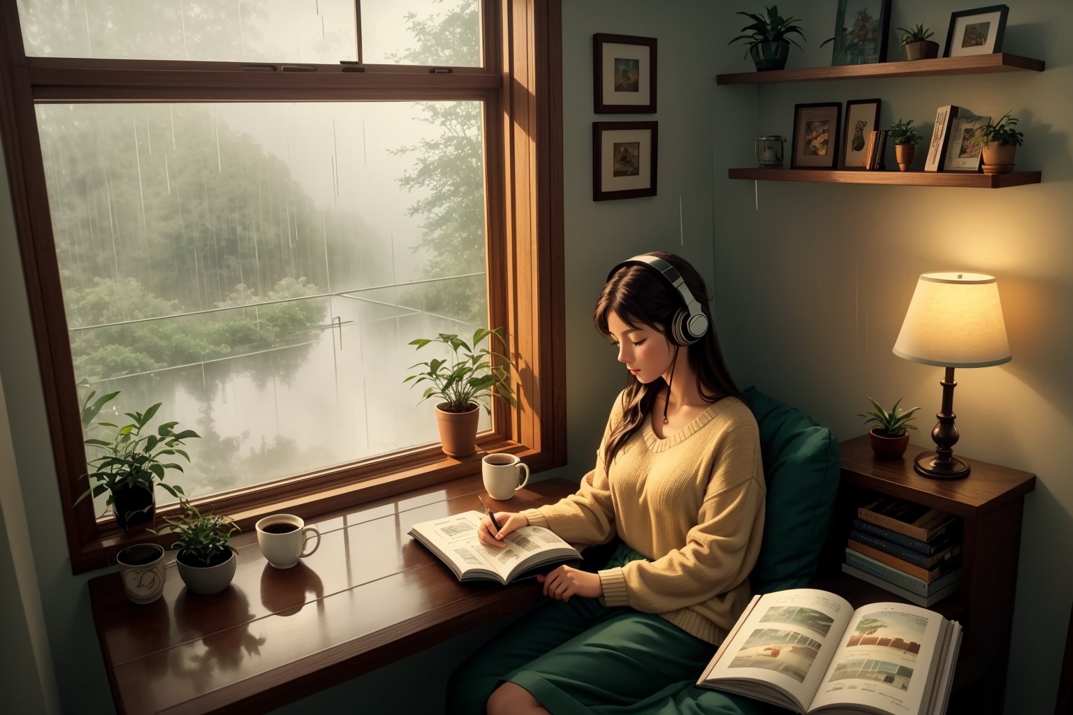 lofi girl,rainy day,study table,low light, oil painting,cozy room,soft focus,warm colors,vintage vibes,relaxing atmosphere,bookshelf,coffee mug,vinyl player,headphones,plant decor,chill vibe,soft music,window view,falling raindrops,rainy window,peaceful silence,warm sweater,candlelight,soft shadows,gentle breeze,reading corner,dreamy ambiance,studying in solitude,tranquil moment,serene mood,endless possibilities,magical rainy day.