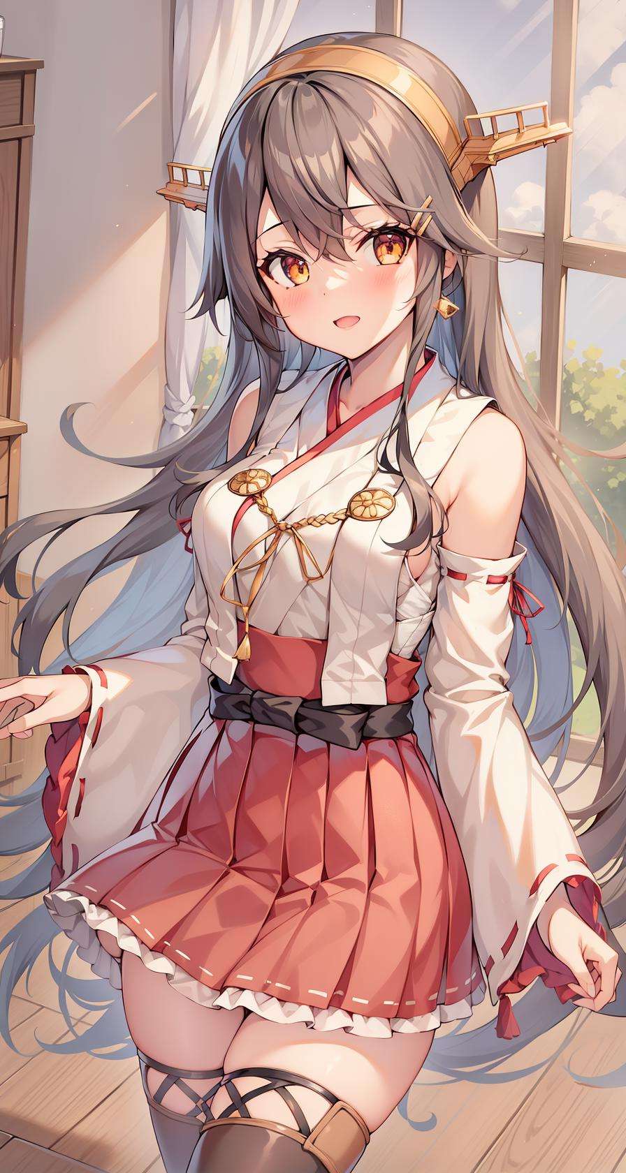 1girl, solo,  wooden floor,masterpiece, hires, absurdres, best quality, <lora:HarunaV2C-000009:0.9>, HarunaOG, 1girl, solo,  [haruna \(kancolle\):0.8], black hair, gold eyes, long hair, hairclip, hairband, headgear, nontraditional miko, sarashi, wide sleeves, red skirt, pleated skirt, hakama short  skirt, wide sleeves, detached sleeves, waist bow, thigh boots, thighhighs, hd